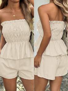 Vaiaye 女士夏季夏威夷波西米亚风热带海滩度假两件套——单肩条纹荷叶边简约日常抹胸上衣和短裤，完美适用于约会、下午茶、假期、音乐节和情人节。