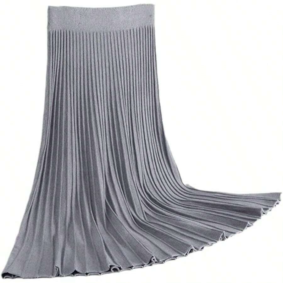 Falda plisada de punto a rayas verticales para mujer, de longitud media, cintura alta, falda acampanada, falda para mujer, Gris, Talla nica - inicial - Ver 1