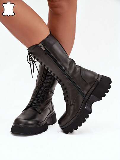 Botas de plataforma aisladas para mujer de cuero natural negro Artiker 57C2282 Negro