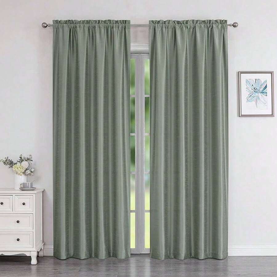 Chyhomenyc Uptown Faux Silk Sage Green Curtains 84 Inch Length 2 Panels For Bedroom, Room Darkening Soft Shiny Fabric Rod Pocket Window Drapes For Living Room, Each 40x84 Inches, 7 FT,SageGreen40inchWx84inchLPackof2 - 鼠尾草綠40吋寬x84吋長2個裝 - 查看 1