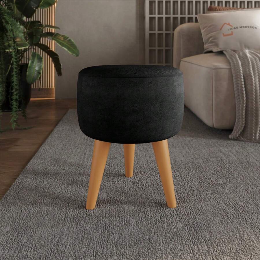 Round Ottoman With Spindle Legs, Stool, 35x35cm, Reinforced Support - màu đen - Xem 1
