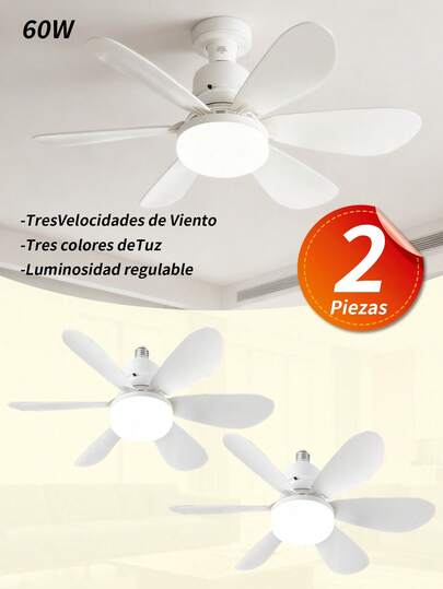 2 piezas Lampara De Techo Con Ventilador Entrada E27,Luz de ventilador de techo de 20,47 pulgadas con control remoto, ventilador de enchufe de 60 W con LED,Velocidades Y Luces Ajustable ,Ahorrador 3000-6500k 6Aspas, para cocina, dormitorio, habitaciones pequeñas.