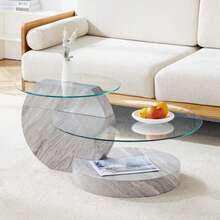 MUUOKY 35 Inch Double Layer Coffee Table Round - Tempered Glass Tabletop, White Coffee Tables With Imitation Marble Legs, Brown Coffee Tables With Imitation Wood Grain Legs, Modern Practical Art Decor Design Table For Living Room & Bedroom, For Small Space Home Office, Cafe, Office, Set For Room Decor, Easy To Assemble - 淺灰色 - 查看 1