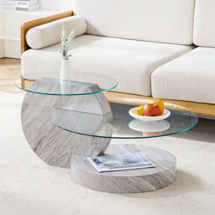 MUUOKY 35 Inch Double Layer Coffee Table Round - Tempered Glass Tabletop, White Coffee Tables With Imitation Marble Legs, Brown Coffee Tables With Imitation Wood Grain Legs, Modern Practical Art Decor Design Table For Living Room & Bedroom, For Small Space Home Office, Cafe, Office, Set For Room Decor, Easy To Assemble - 淺灰色 - 查看 1