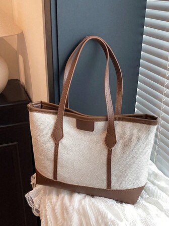 Korean Style Linen Color Block Large Capacity Casual Tote Bag, Fashionable Commuter Simple Elegant Shoulder Handbag For Women, Suitable For Leisure, Shopping