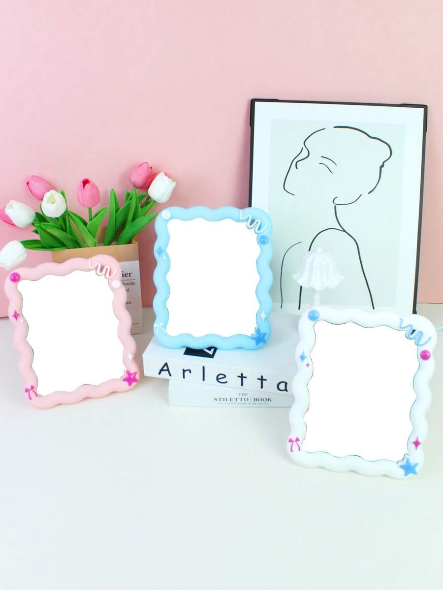 1pc INS Style High-Definition Tabletop Vanity Mirror, Square Wave Design, Non-Deforming, Suitable For Office, Bedroom, Dorm, Student, Holiday Gift,Cheap,Stocking Stuffers,Makeup,Makeup Tools,Cheap Stuff,Gifts,Gifts For Women,Christmas Gifts