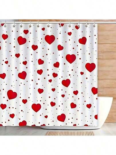 红色心形图案浴帘，带挂钩 - 防水涤纶材质，可机洗，四季皆宜 - 完美的浴室装饰