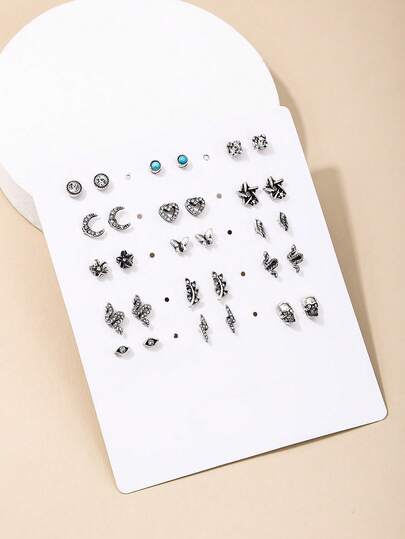 30件套复古耳环套装，月亮、星星、心形、闪电图案，镶钻耳钉，适合女孩佩戴