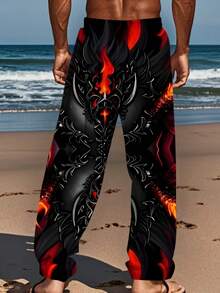 Men'S Retro Straight-Leg Joggers With Dragon Flame Print - Loose Fit, Drawstring Waist, Casual Comfort Pants For Teens & Adults, Black & Red Design, Comfortable Clothing |   Bold Pattern Pants |   Polyester Blend - 彩色 - 查看 5