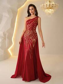 亮片正式晚礼服，修身长肩带拖地长裙，红色浪漫派对礼服，适合高端场合、圣诞节活动、婚礼、纪念节日、新年除夕等春季场合。 - 紅色 - 查看 6