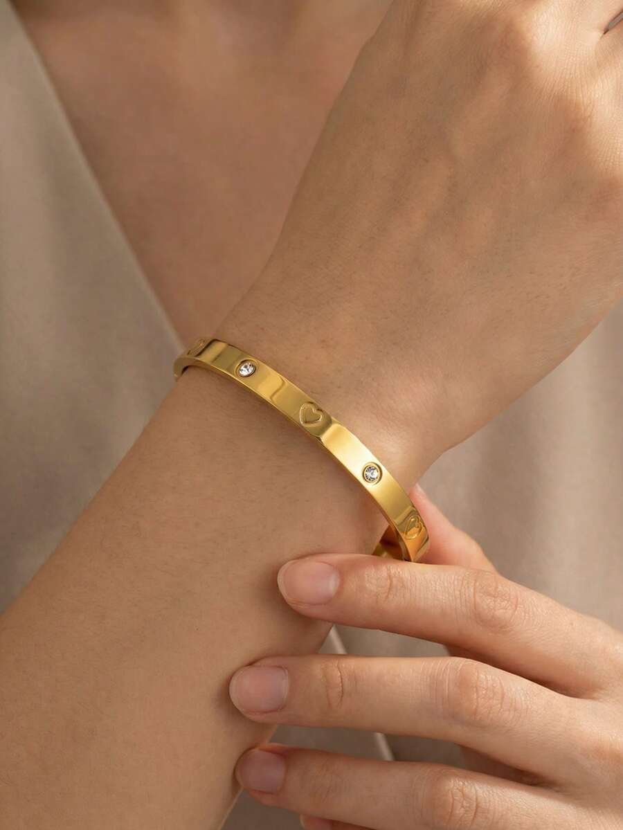 VceTd 1pc Minimalist Romantic Heart-Shaped Stainless Steel Bangle, Waterproof & Hypoallergenic, Suitable For Daily Wear, Formal Events, Weddings, Jewelry Accessory, Valentine's Day & Holiday Gift