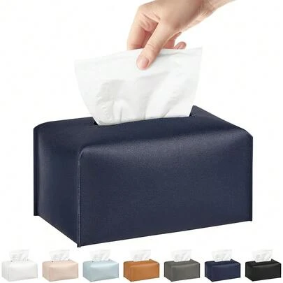 New Long Tissue Box Cover, PU Leather Tissue Holder Rectangle, Facial Paper Organizer, Modern Dispenser For Bathroom, , Home, Office, Tabletop (1, Deep Blue, Short)