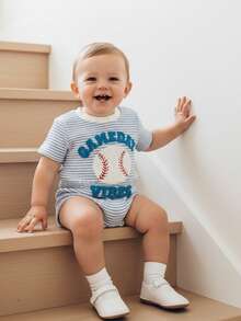 Baby Boy Summer Clothes Newborn Bubble Romper Short Sleeve Baseball Embroidery Jumpsuit One Piece Infant Baseball Outfit - 藍色 - 查看 6