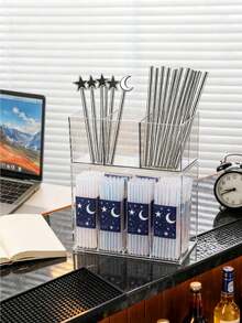1PC Transparent Partition Straw Storage,Suitable For Kitchen&Restaurant, Office,Arab Family Festival PartyTableware And Milk Tea Straw And Straw Storage, Organized And Stored In Separate Compartments