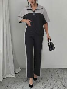 2 件套女士休闲套装，轻盈时尚修身运动宽松裤套装，春夏 - 深空灰 - 查看 3