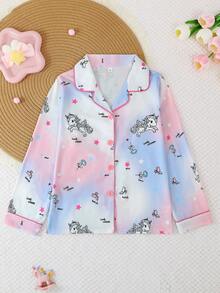 2pcs/Set Girls & Teens Casual Cartoon Unicorn & Star Ombre Print Turndown Collar Long Sleeve Cardigan And Pants Sleepwear Set, Flame Retardant, All Season - Baby Pink - View 4