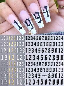 4片装3D数字美甲贴纸，银色、金色、黑色、白色，哥特复古字母符号设计，美甲DIY贴纸，滑动式美甲装饰，美甲用品 - 彩色 - 查看 11