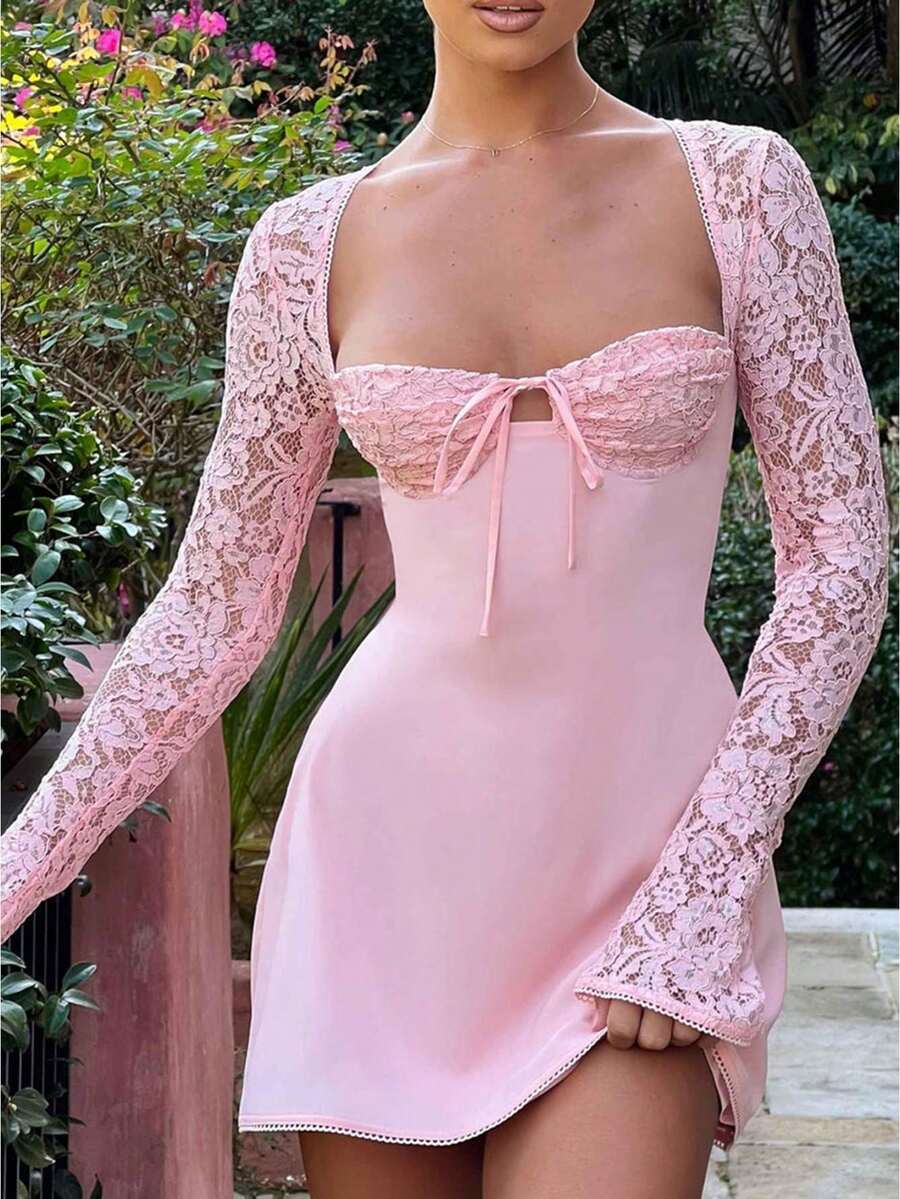 Women Mini Dress, Long Sleeve Backless Low-Cut Tie-Up Lace Patchwork Cocktail Dress A-Line Dress - Rosa - Ver 1