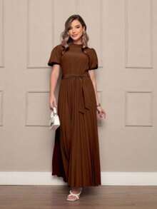 Women's Long Crepe Dress With Puff Sleeves, Tie Waist, And Pleated Skirt - Elegant And Sophisticated - 巧克力棕 - 查看 2