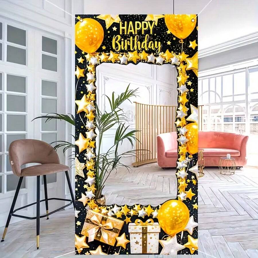 1件生日派对拍照道具，可爱相框，带礼物和星星气球图案，拍照横幅，拍照配件 - 彩色 - 查看 1