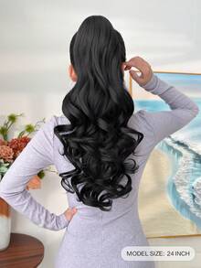 Extensiones de cabello con cola de caballo de 24 pulgadas, onduladas y naturales, de fibra sintética suave y natural resistente al calor, adecuadas para uso diario de mujeres, en colores variados - Negro - Ver 3