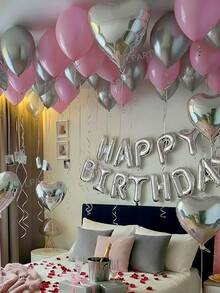 38件/組粉色裝飾氣球，生日派對必需品，16英吋銀色字母「Happy Birthday」橫幅，金屬銀與粉色乳膠氣球，夢幻生日慶祝 - 彩色 - 查看 7