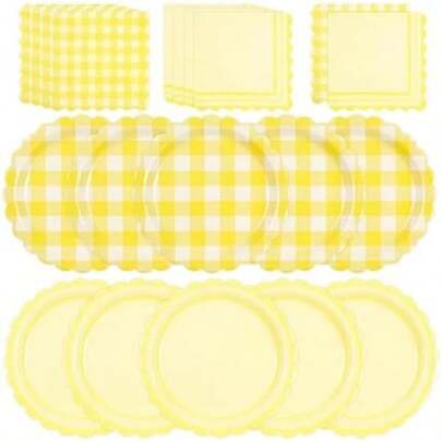 48PCS Light Pink Gingham Paper Plates And Napkins Sets - Pink Scalloped Party Supplies Tableware, Disposable Dinner Plates Napkins Kit For Halloween Birthday Baby Shower Party Decorations