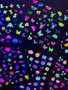 6pcs Glow-In-The-Dark Neon Nail Art Stickers For Kids, Featuring Cartoon Flowers, Hearts, Butterflies And Stars, Suitable For Children Girls' DIY Nail Decoration And Kids Gifts Kids Nails - Multicolor - View 6