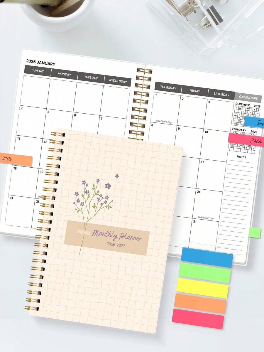 Trees 2026-2027 年月度计划笔记本，A5 简约周计划和月度计划学年日历笔记本，32 页办公和学校用品，完美的教师礼物 - 多色+五色彩簽 - 查看 1