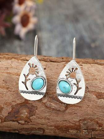 1 Pair Vintage Hollow Flower & Turquoise Teardrop Shaped Earrings, Suitable For Women, Party, Daily Wear, Exquisite Holiday & Birthday Gift