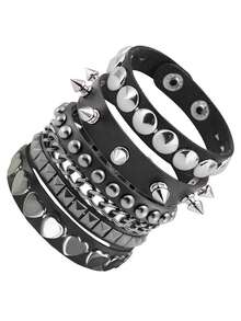 4pcs/Set Gothic Rivet Y2K Bracelet Set, Suitable For Daily, Party, Performance Wear, Couples Bracelet, Christmas, Valentine's Day, Carnival Costumes And Accessories, Rock & Hip-Hop Bracelet