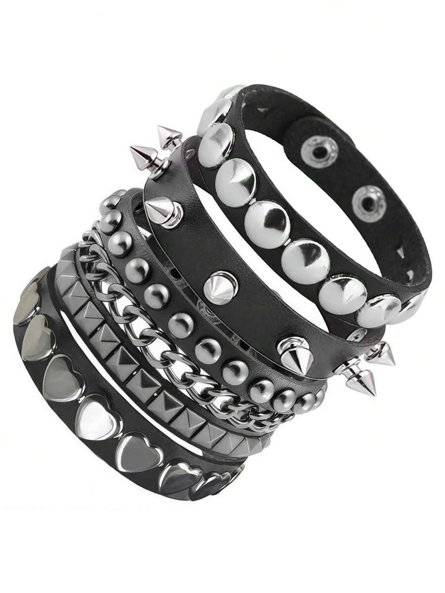 4pcs/Set Gothic Rivet Y2K Bracelet Set, Suitable For Daily, Party, Performance Wear, Couples Bracelet, Christmas, Valentine's Day, Carnival Costumes And Accessories, Rock & Hip-Hop Bracelet