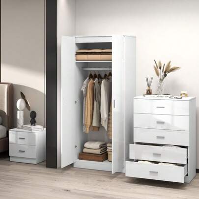 3-Piece Bedroom Set | White High Gloss Wardrobe Chest Bedside | Complete Bedroom Suite | Furniture Bundle