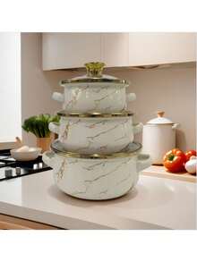 3件套搪瓷锅具：双耳奶锅、搪瓷碗、迷你锅、汤锅、拉面碗、小火锅、加厚搪瓷锅、适用于电磁炉和燃气灶的双耳迷你炖锅、猪油罐、带盖奶锅、两用锅