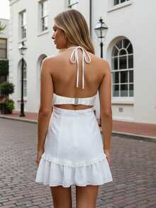 Women's Halter Mini Dress Summer Fashionable Lace Patchwork Sleeveless Backless Ruffled Dress - White - View 6