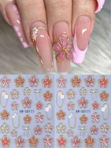 5D Gold Line Hibiscus Flower Nail Sticker Embossed Metallic Asymmetrical Square Frame Pink Red Floral Petals Bowknot DIY Spring Summer Elegant Y2K Style Self-Adhesive Gel Polish Decal Sliders Holographic Nail Art Decoration Home Salon Nail Supplies Nails Nail Stickers - Multicolor - View 1