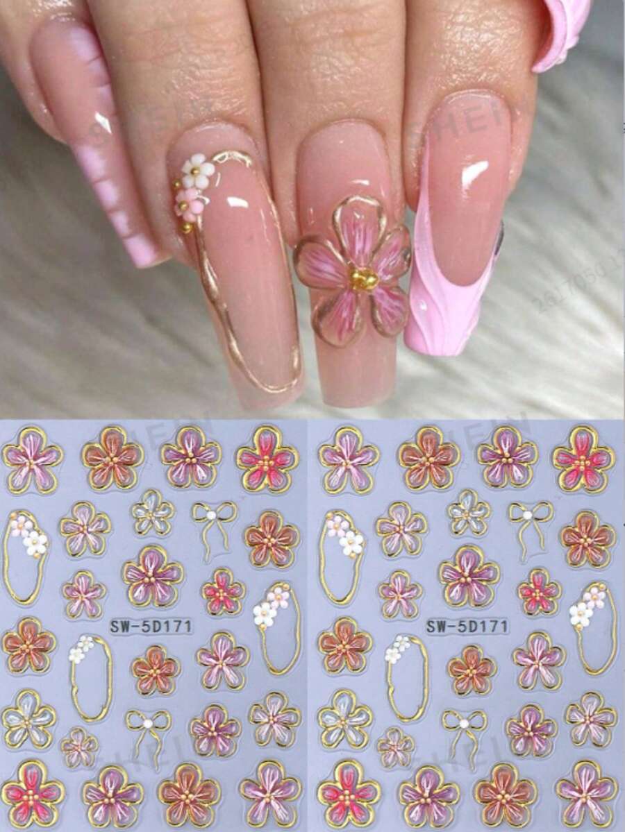 5D Gold Line Hibiscus Flower Nail Sticker Embossed Metallic Asymmetrical Square Frame Pink Red Floral Petals Bowknot DIY Spring Summer Elegant Y2K Style Self-Adhesive Gel Polish Decal Sliders Holographic Nail Art Decoration Home Salon Nail Supplies Nails Nail Stickers - Multicolor - View 1