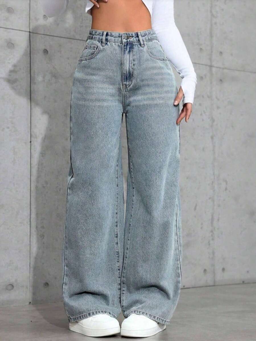 少女简约优雅直筒牛仔裤