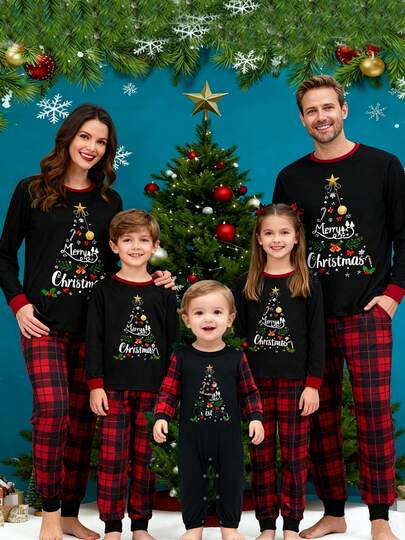 Christmas Family Matching Pajamas Sets, Letter  Snowflake Print Long Sleeve Tops + Plaid Trousers Sleepwear Festival Party Pj Set
