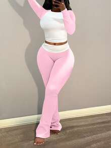 LovelyWholesale Women'S Casual Round Neck Long Sleeved Contrasting Color Spliced T-Shirt And Waist Pleated Flared Pants Set For Spring And Autumn - Pink - View 1