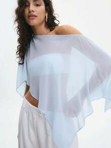 Women's One-Shoulder Sheer Mesh Poncho Asymmetrical Lightweight Shawl See Through Cover Up Top - 天藍色 - 查看 2