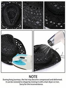 1pc Solid Color Bohemian Casual Hollow Out Decor UV Protection Woven Panama Hat, Western Cowboy Sun Hat, Versatile For All Seasons - Butterfly - View 5