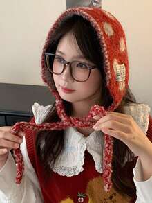 1件装女士羊毛针织护耳头带，秋冬新款学生保暖百搭帽，红色围巾，礼物，双面围巾，冬季