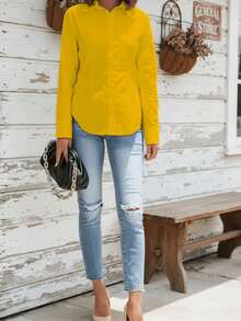 女士纯色长袖休闲/办公单排扣衬衫 春季 - 黃色 - 查看 4