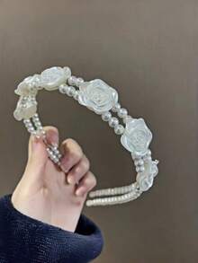 1 Peça Headband Premium de Liga de Zinco Boho com Rosa e Pérola, Headpiece Feito à Mão com Pérolas Envoltas na Franja, Faixa de Cabelo Elegante e Versátil para Uso Externo, Todas as Estações