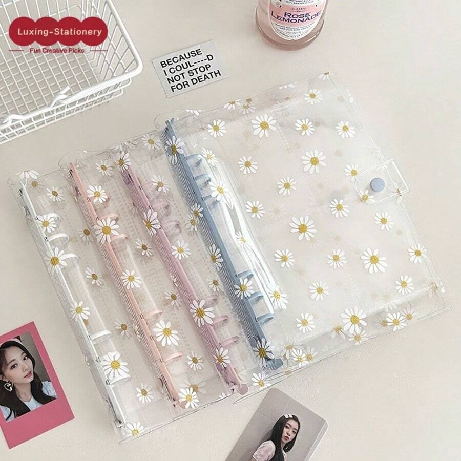 Bìa sổ rời A5 hình hoa cúc 6 lỗ, Bộ album ảnh kèm 10 ngăn, Thẻ thay thế, Sổ tay lập kế hoạch tự làm, Hộp đựng văn phòng phẩm