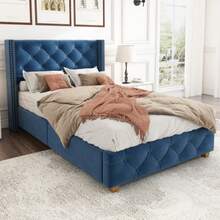 Polsterbett 90*200cm z Lattenrost und Kopfteil, Knopfpolsterung, Nietenpolsterung, Holzbeine, Samt,Grau(STARY SKU:3099934AAG) - Niebieski - Zobacz 5