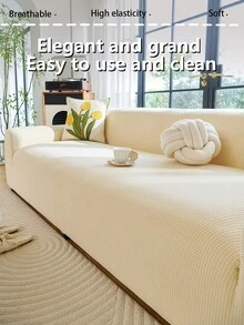1pc All-Season Sofa Cover, 3D Textured & Full Protection Elastic Slipcover, Modern Minimalist For Living Room And Bedroom - Beige - View 5