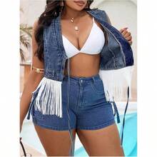 Chaleco Vaquero Sin Mangas Con Flecos Estilo Vaquera Para Mujer De. Chaqueta Vaquera Estilo Western Con Lazo Frontal. - inicial - Ver 4