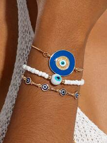 3pcs Set Minimalist Beaded Eye Of The Devil Bracelet Chain Jewelry Set, Suitable For Daily Wear, Parties, Gifts (Handmade Chain Customized Length, Varying Eye Bead Quantity And Oil Drip Color) - 31108-bra-g-eP - View 5